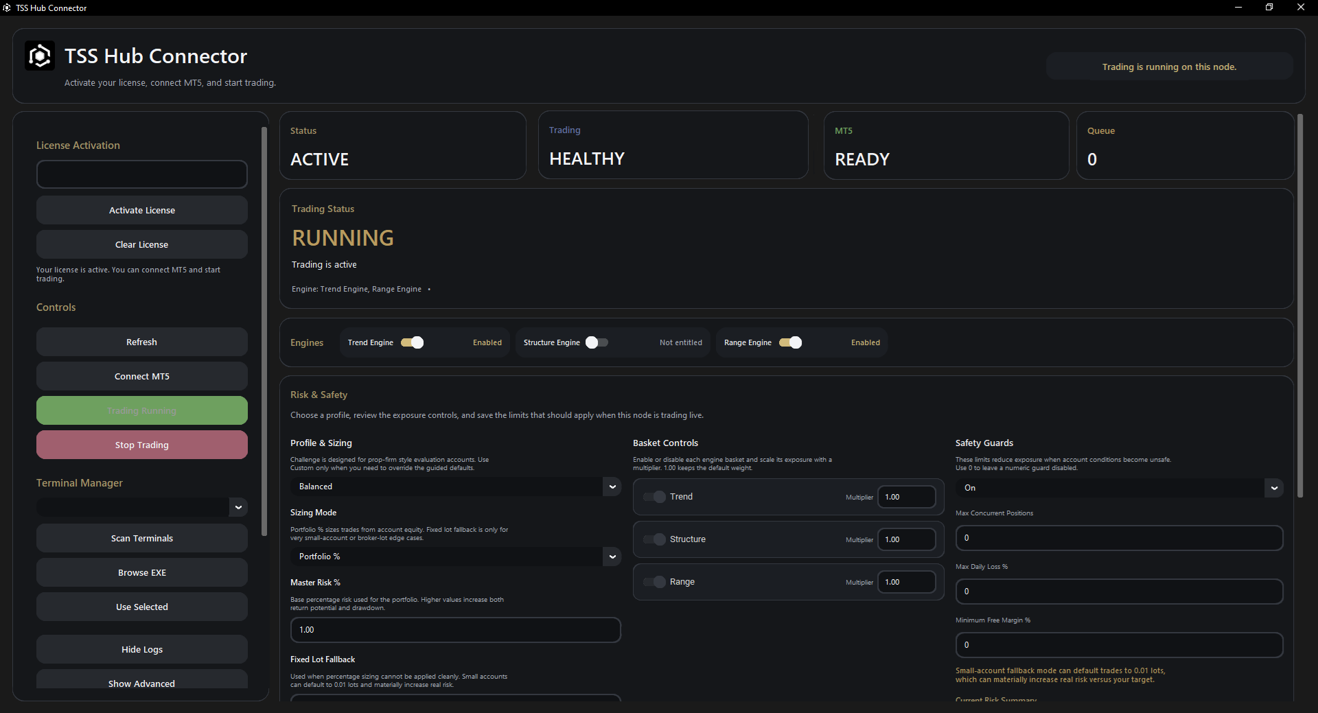 TSS Hub Connector dashboard showing account connection and signal status